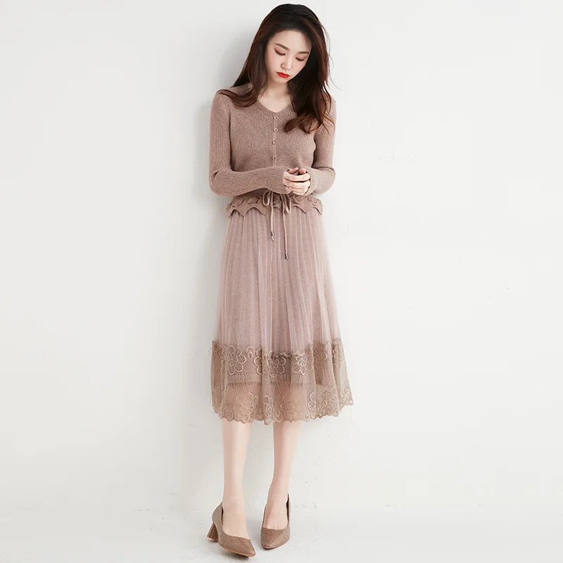 

Knitted Dress Temperament Slim Lace Stitching Sweater Skirt Autumn And Winter Women's Fashion Waist Bottoming Female Dress