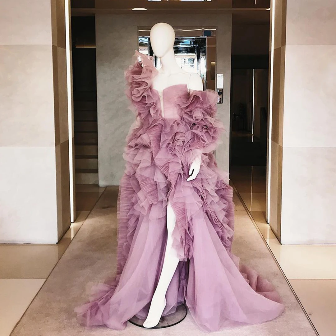 

Sexy Ruffles Dress One Shoulder Women's Dress Long Tulle Dress Evening Dress Pink Ball Gown Bride Dresses Plus Size Pron Gowns