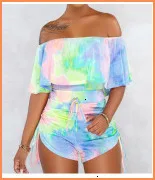 Boho полосатый Печатный комплект из двух частей для женщин с отложным воротником и коротким рукавом, укороченный топ с высокой талией, широкие брюки, повседневные Костюмы