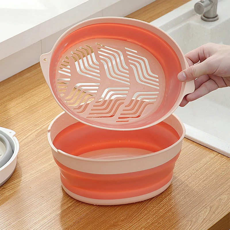 

Hot Drain Basket Double Thicken Folding Kitchen Hollow Rice Washing Plastic Sink Fruit Basket Portable Foldable