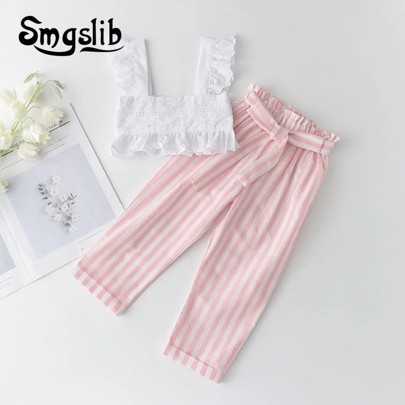 

SMGSLIB New Summer Toddler Baby Casual Clothes Lace Strap Tops and Striped Long Pants 2Pcs Outfits Girl Fashion Clothes 1-5Y