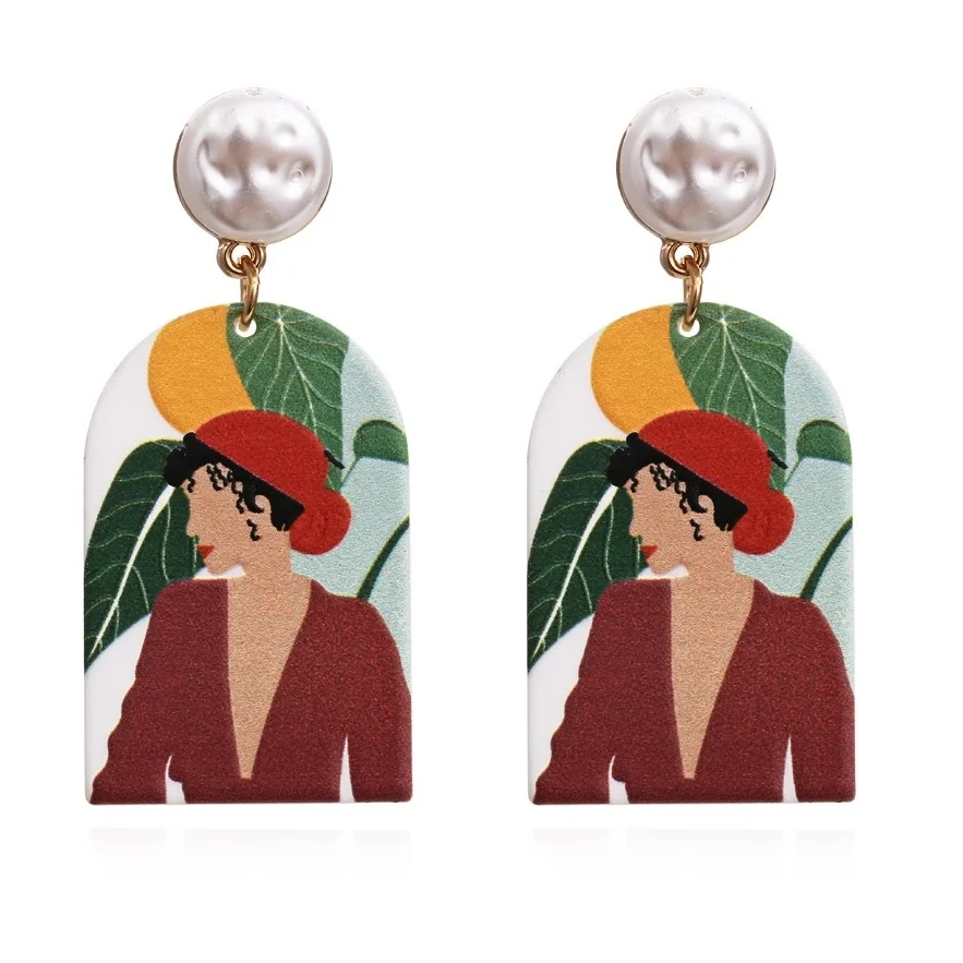 

Exaggerated Painted Resin Pearl Earrings Retro Pastoral Character Print Earrings
