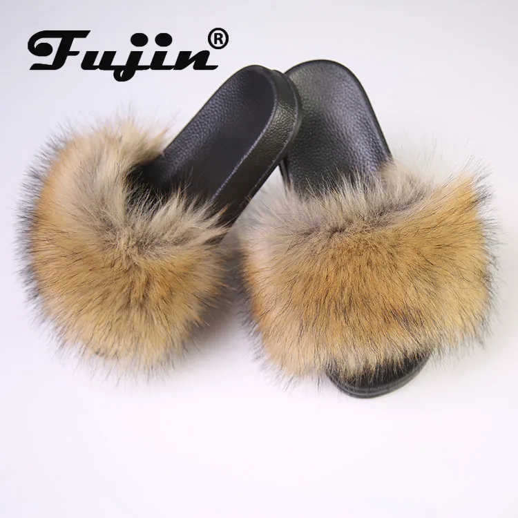 

Fujin Party Fur Slippers Women Real Fox Fur Sliders Furry Slippers Flats Sweet Ladies Shoe Home Warm Flip Flops Women Sandals