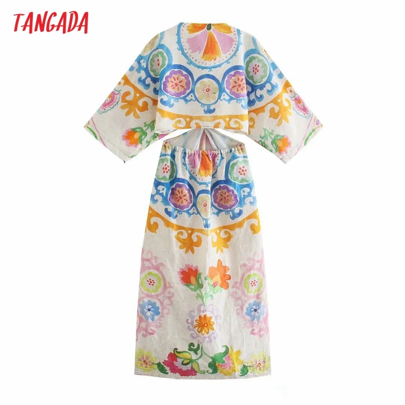 

Tangada 2021 Summer Women Flowers Print Waist Hollow Dress Short Sleeve Ladies Sundress 3H799