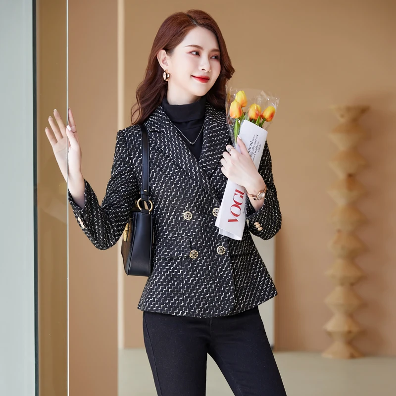 Boliyae Women Suits Coat Autumn Winter Elegant Blazers Female Slim Long Sleeve Office Jackets Tweed Stripe Outerwear Chic Tops enlarge