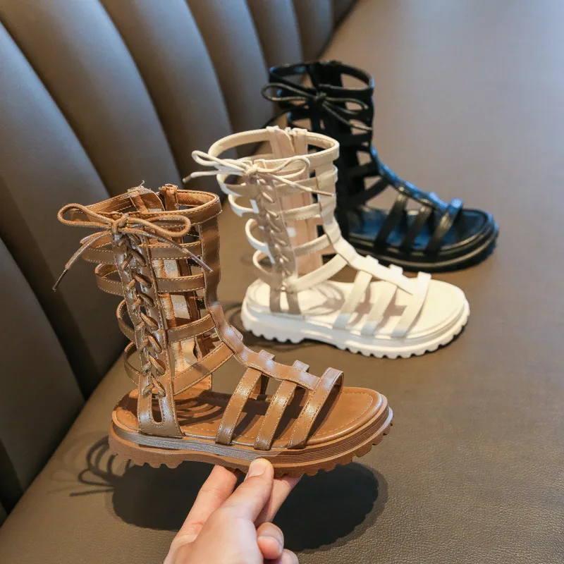 

2022 Children Summer Shoes Girls Gladiator Sandals Cross-tied Boots Baby Kids Casual Shoes Roma Lace up High Top sandalias XZ069