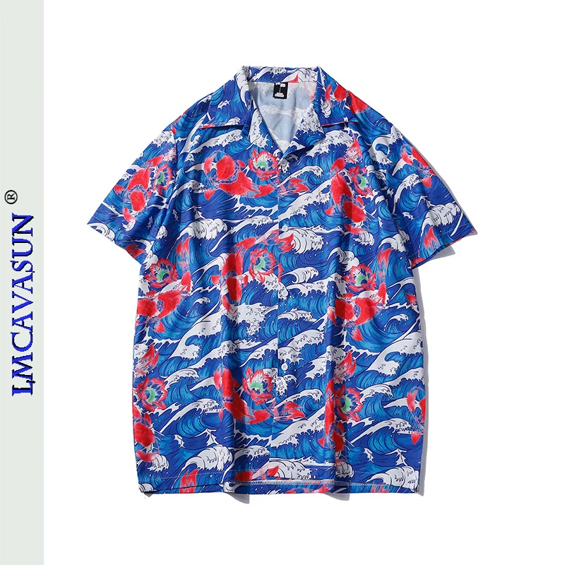 

Новинка 2021, летняя мужская рубашка LEIMEICHEN с коротким рукавом в стиле Харадзюку, гавайская пляжная Свободная рубашка для отпуска, путешествий...