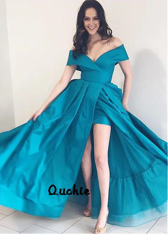 

Off The Shoulder High Split Taffeta Prom Dresses vestidos de graduacion A Line Long Prom Dress Custom Made Plus