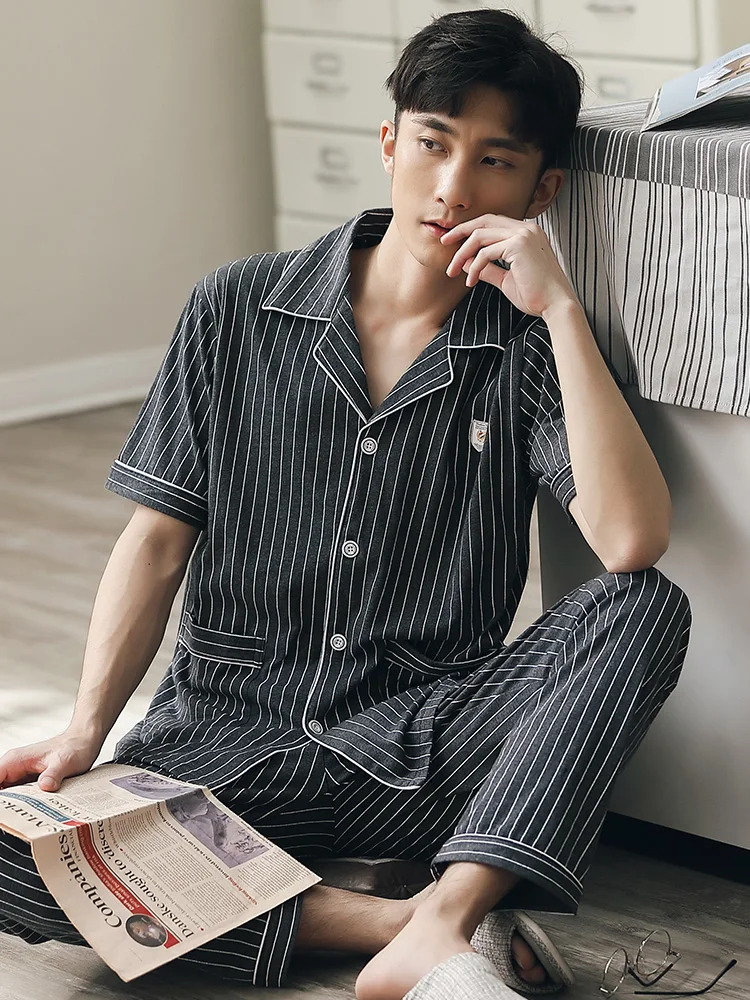 

2021 Summer Short Pajamas Set for Men 100% Cotton Pyjamas Suit Summer Sleepwear Short-sleeve Pure Cotton Pijama Hombre Homewear