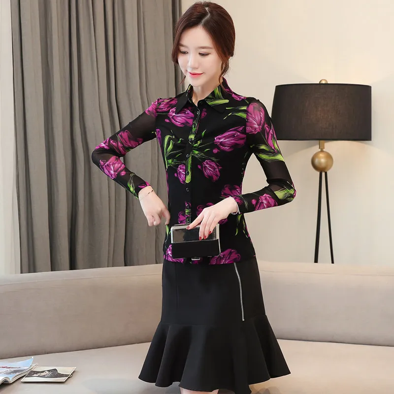 COIGARSAM Повседневная рубашка с принтом женские топы весна длинный рукав шифон