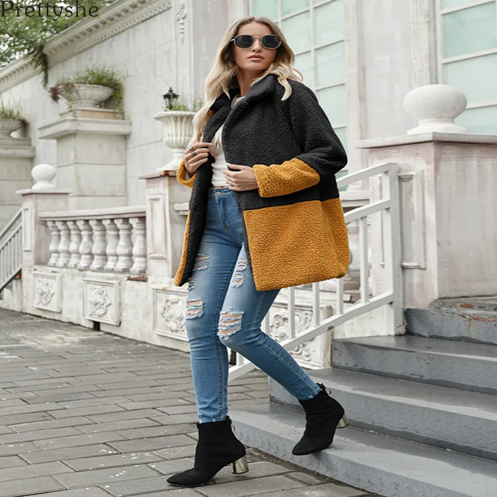 

Prettyshe Winter Women's Coat Fashion Casual Stitching Plaid Ladies Clothes Thicken Ladies Coat Lamb Hair Jacket