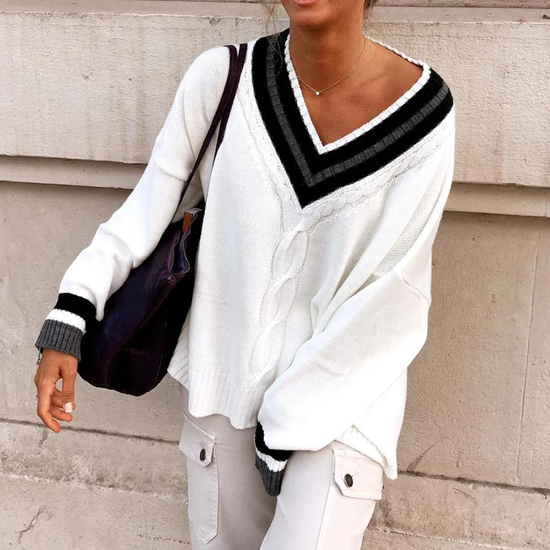 

White Oversize Y2K Jumpers Women Stripe V Neck Twist 90s Aesthetic Knitwear Autumn Winter Korean Fashion Knit Sweaters