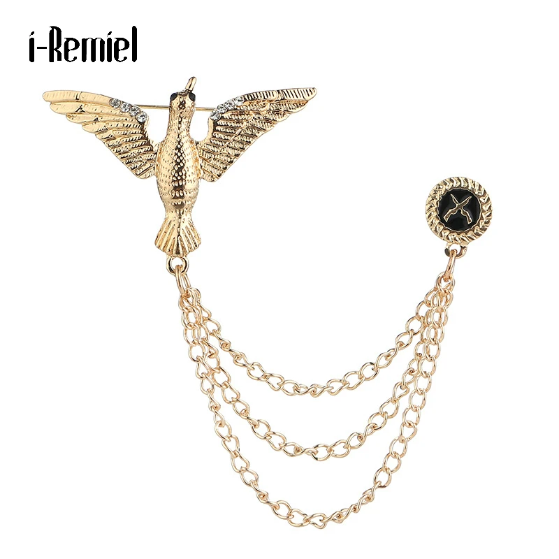 

Fashion Vintage Gold Eagle Brooches Men Suit Accessories Chain Tassel Brooch Broche Lapel Pins Wedding Dress Coat Collar Badge