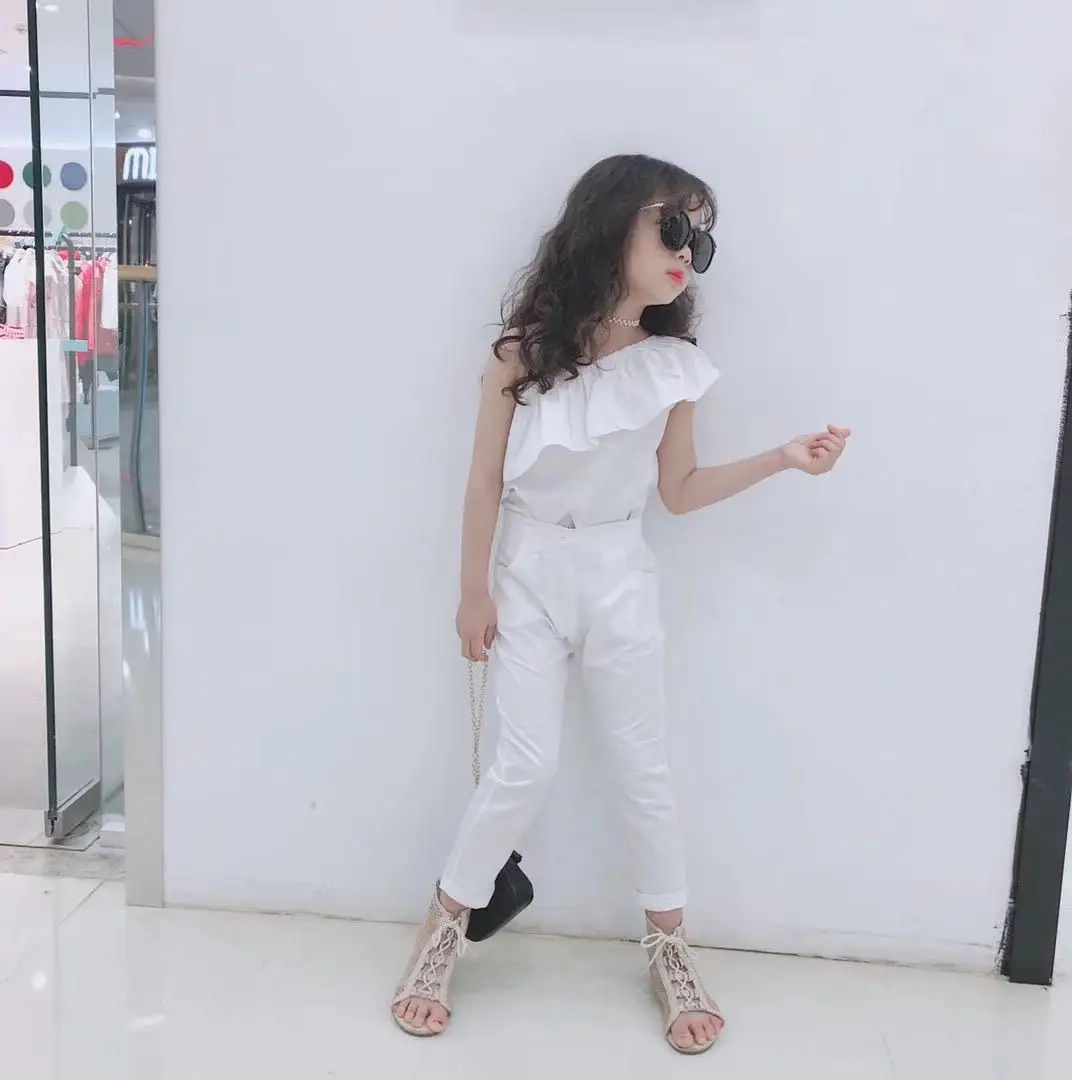 Костюм для девочек модный топ с одним плечом и укороченные штаны Новая детская