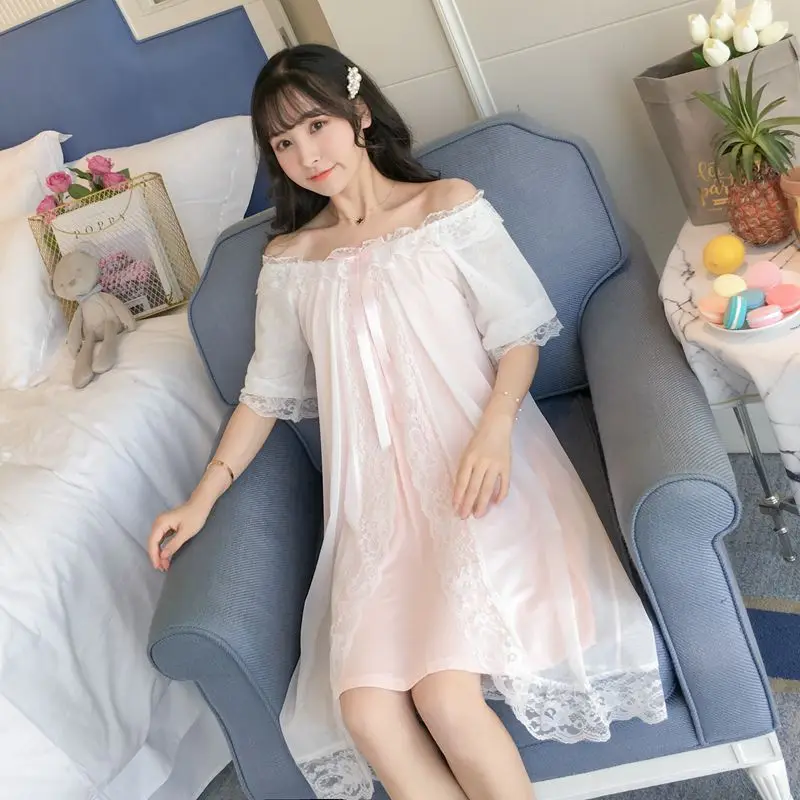 New Short Sleeve Court Lace Nightdress Women Summer Korean Fresh Princess Style Lace Nightgown Sexy Dress Sleepwear Nightwear