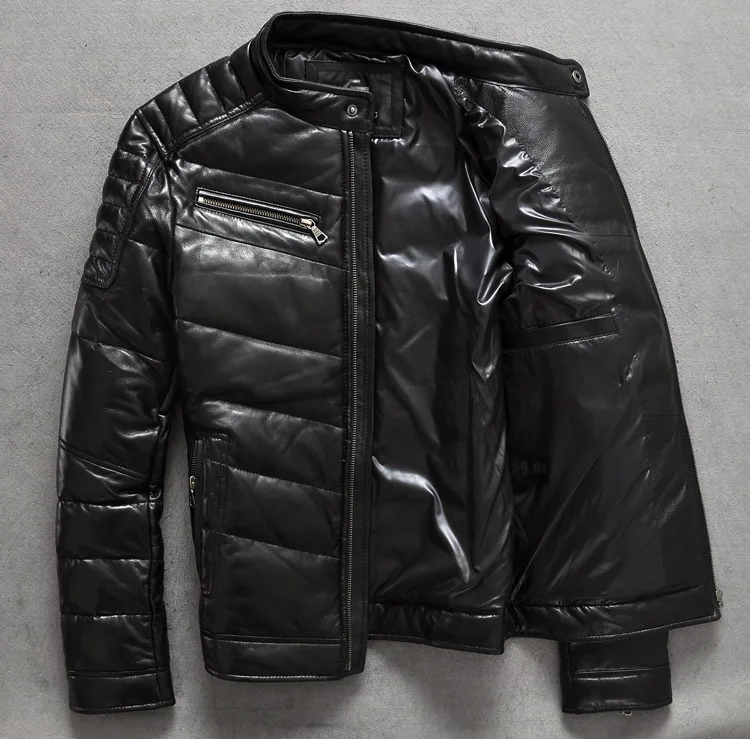 

fit leather slim down jacket men fashion brand short winter leather jacket men sheepskin coat male men's down coat balck