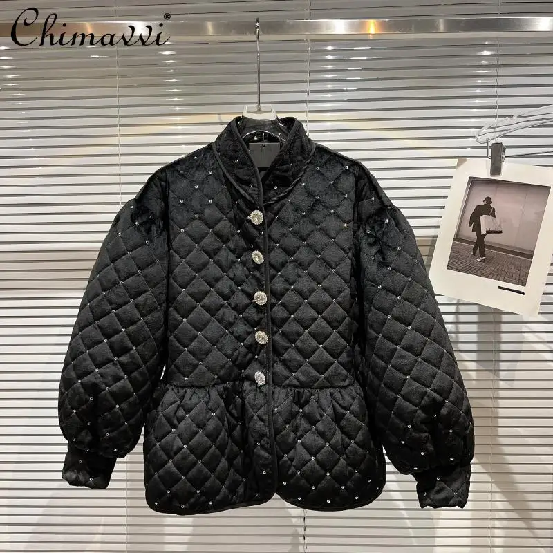 

2021 Winter Clothes Heavy Starry Rhinestone Diamond Lattice Cotton-Padded Jacket Fashion Loose Doll Hem Cotton-Padded Coat Women