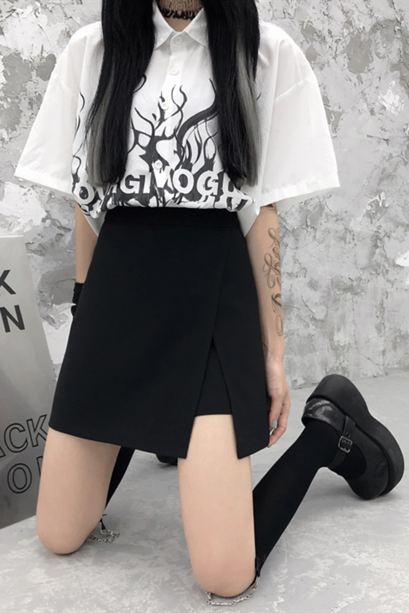 

Black skirt women's large irregular care machine split skirt 2021 summer new A-line skirt