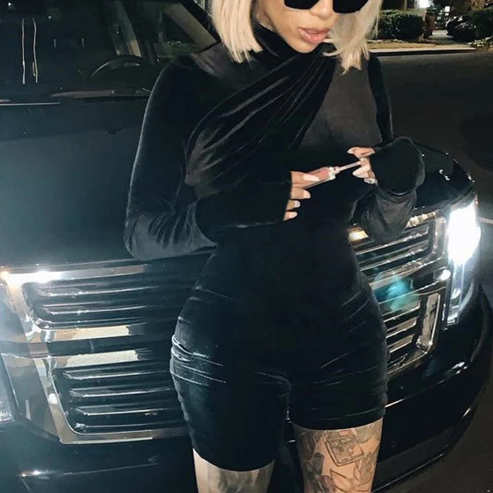 Обтягивающие модные бархатные черные комбинезоны для женщин комбинезон с