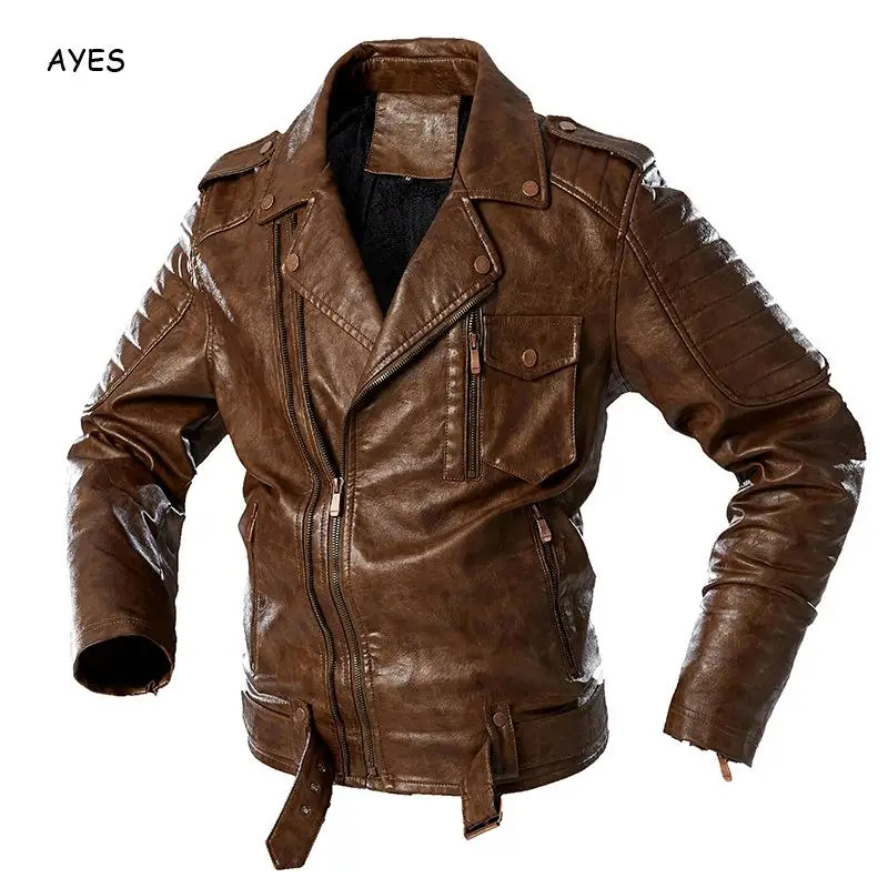 

Мужская мотоциклетная куртка из ПУ кожи, с отложным воротником и карманами