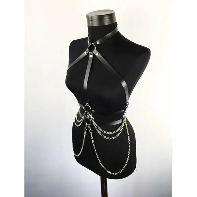 

Womens Punk Black Faux Leather Waist Belt Halter Neck Body Chest Harness with Metal Chain Adjustable Buckles O-Rings