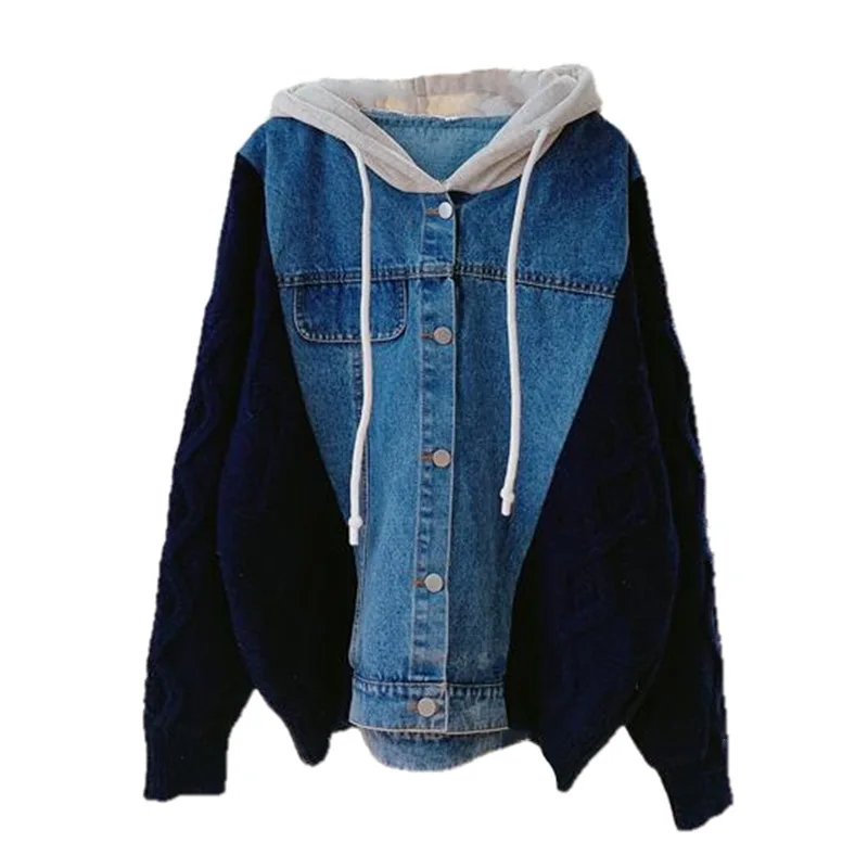 

VANOVICH Casual Preppy Style Denim Stitching Sweater Jacket Women 2022 New Loose Knitted Hooded Button Cardigan