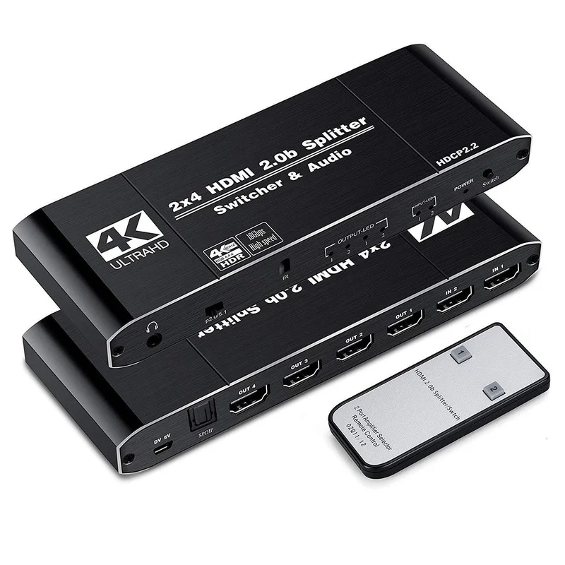 4K60Hz 2x4 HDMI-Compatible 2.0B Switch Splitter Switcher SPDIF Audio 3.5mm & Scaler 2 In 4 Out with Remote Support 4K 3D HDCP2.2