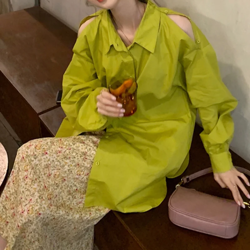 

Shirt Spring Autumn Green Off Shoulder Women's Design Sense Of Minority Early Autumn Shirt 2021 New Hong Kong Style Long