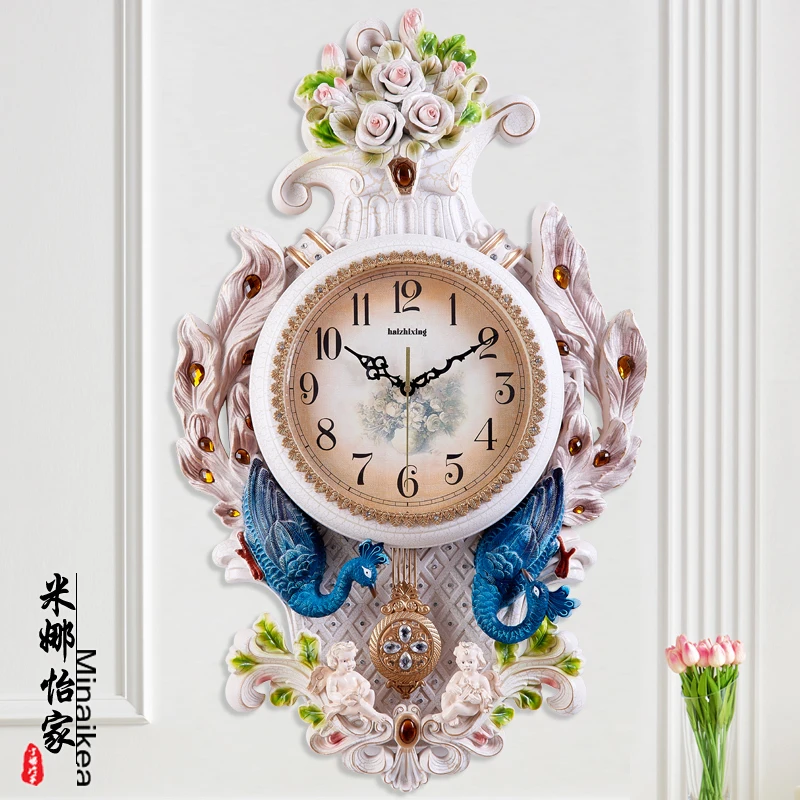 

European Luxury Wall Clock Peacock Large Silent Living Room Wall Clock Digital Creative Vintage Zegar Scienny Home Decor AF50WC