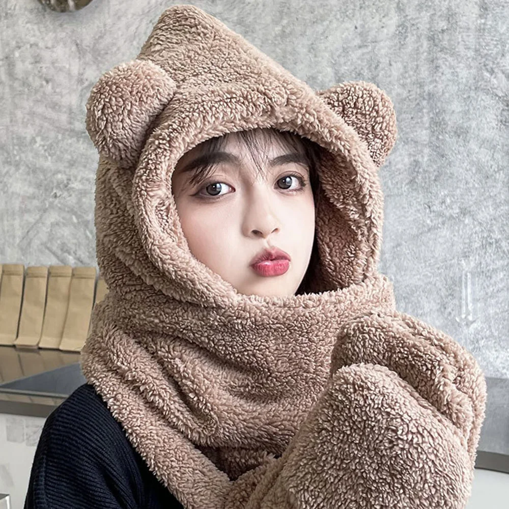 

Осень-зима, шапка с милым медведем, шарф, перчатки, интегрированные для детей, девушек, женщин, Дамская теплая плюшевая шапка, шарф, зимний го...