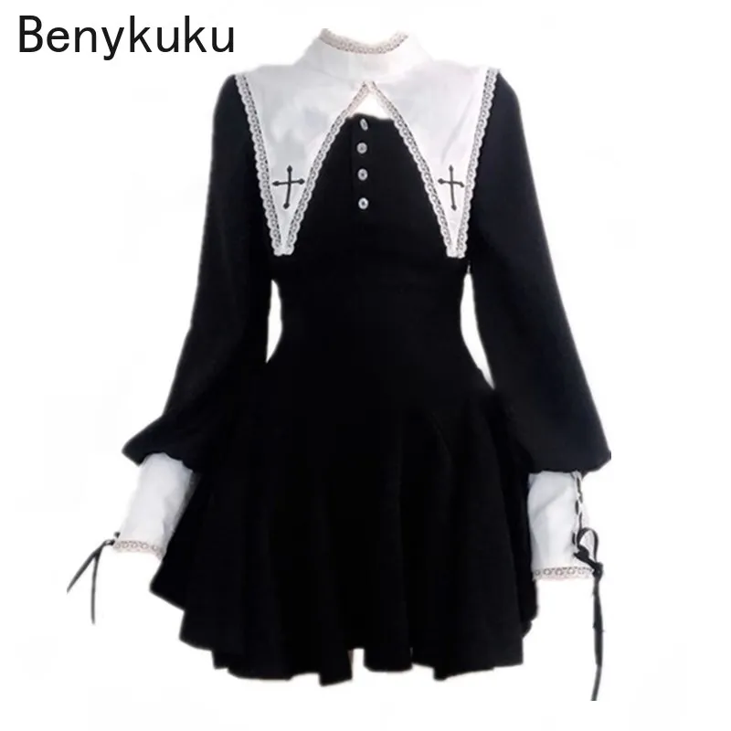 

Harajuku Gothic Lolita Dress Women Victorian Lace Patchwork Black Long Sleeve Mini Dress Japanese Girls Kawaii Punk Party Dress