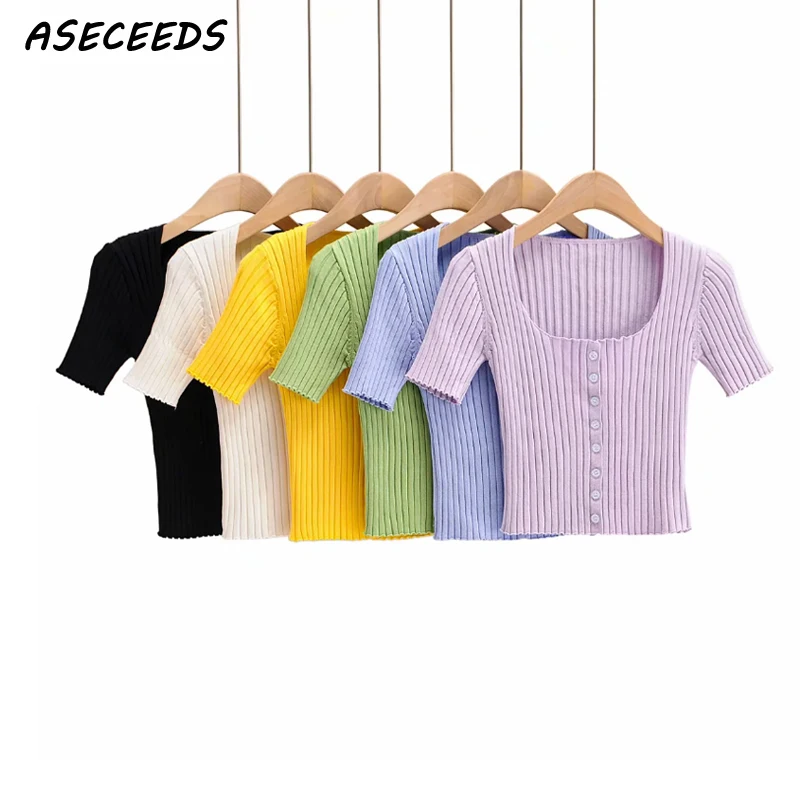 Весна 2018 корейский Винтаж Лето Черный Белый короткий топ Женская трикотажная