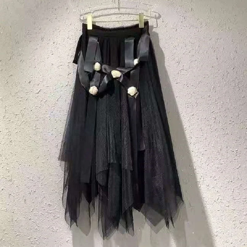 

Женская Асимметричная юбка с цветочной аппликацией, черная сетчатая повседневная юбка для вечерние НКИ или клуба, осень 2021