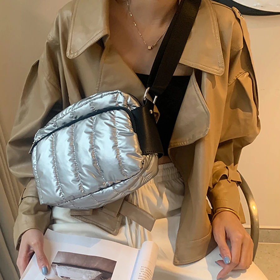 

Luxury Space Cotton Shoulder Bags for Women 2021 Winter Down Crossbody Bag Wide Strap Messenger Bag Fluffy Leather Nylon Purse