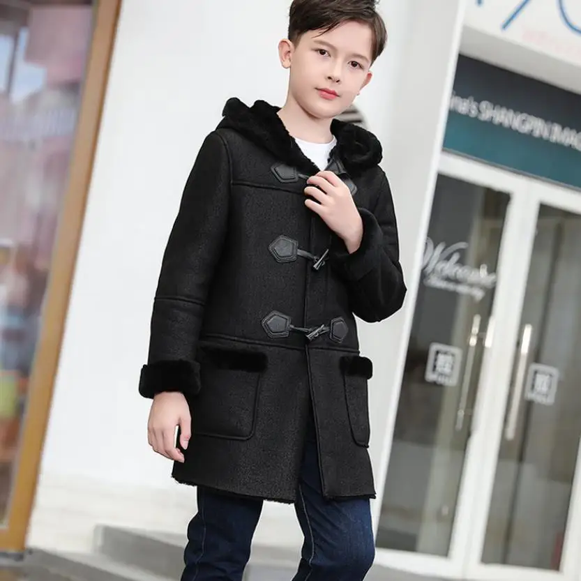 

-30℃ Winter Boys Sheepskin Coat Thicken Warm Hooded Lambskin Jacket Fur One-piece Lambskin Oversized Genuine Leather Jacket A857