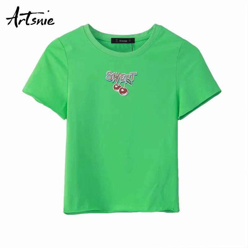 

Artsnie streetwear casual crop tops summer o neck short sleeve slim t shirt femme letter cartoon print cropped t-shirt mujer