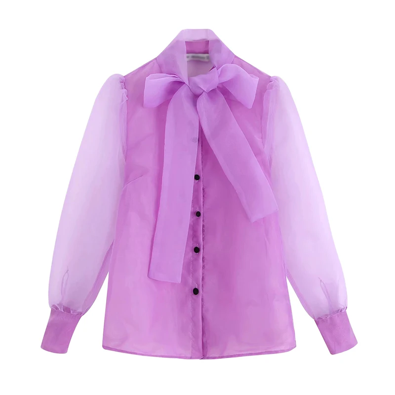 Женский шикарный однотонный фиолетовый бантик воротник блузка органза