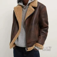 zaahonew new winter men vintage thick faux leatherjacket coat casual zipper warm lamb biker outerwear male solid coat
