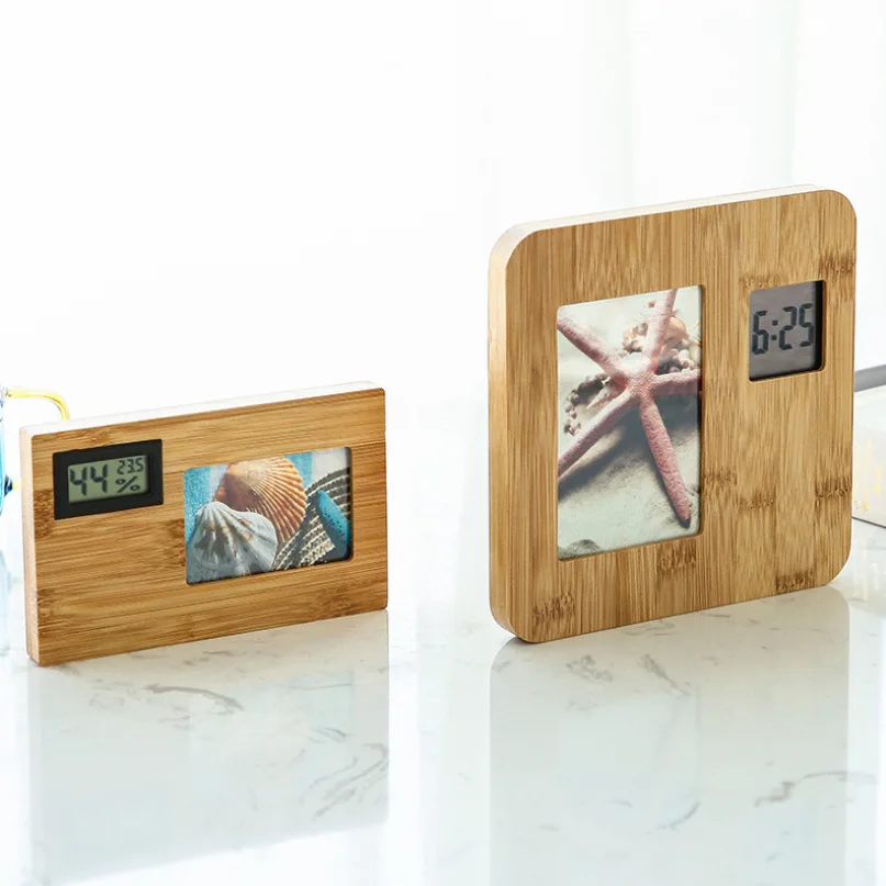 

Bamboo photo frame clock Creative photo album frame digital display electronic clock gift digital clock