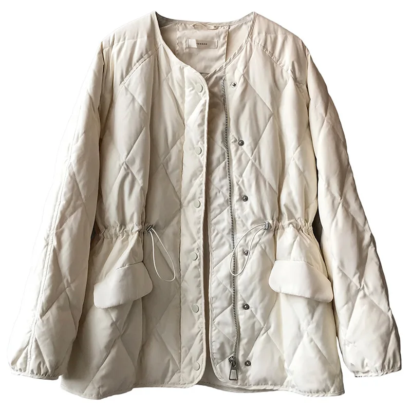

Lingge Down Jacket Women Winter New Coat Casual Oversize Collarless Jackets Long Sleeve Loose Overcoat Female Cotton Jacket Warm