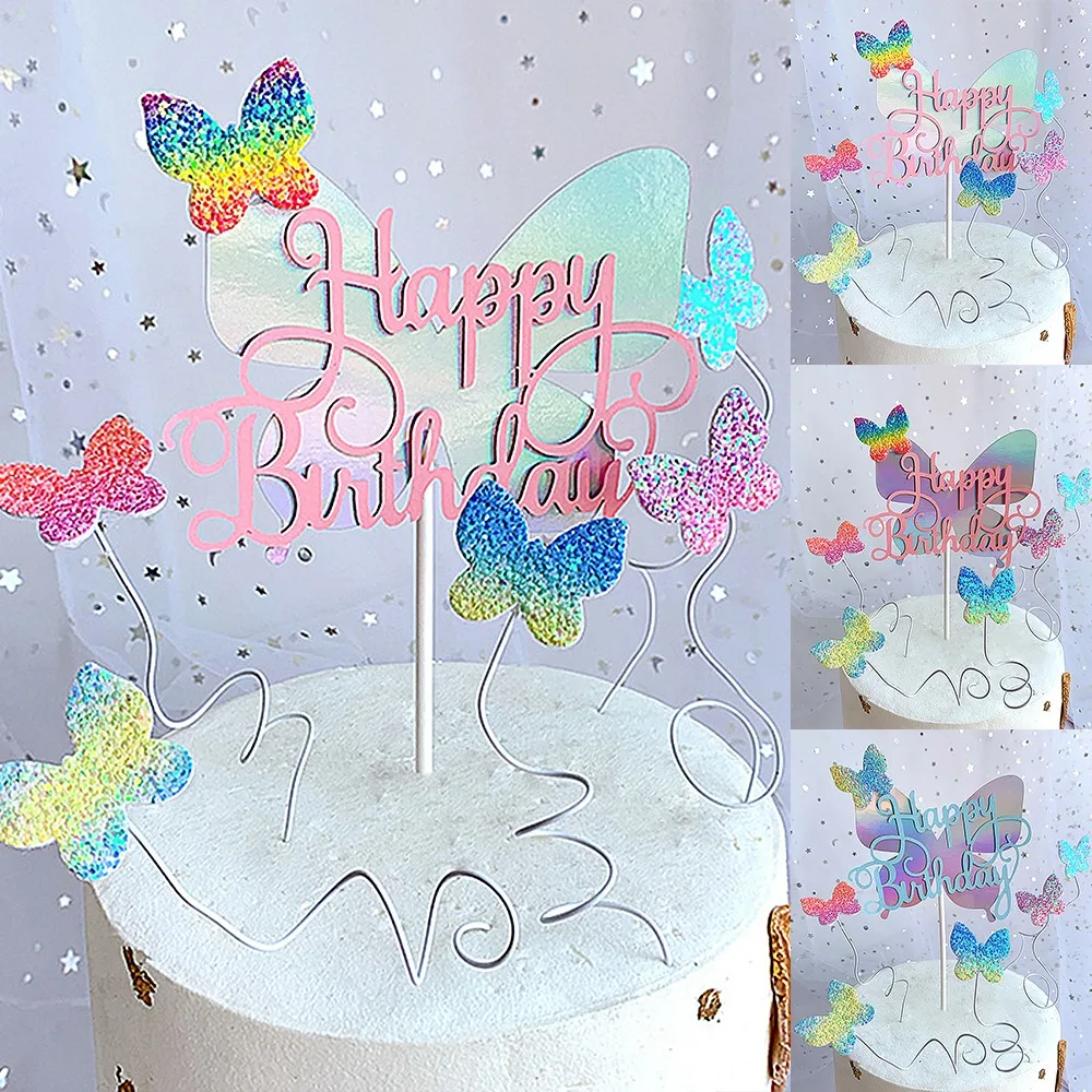 

Butterfly Cake Topper Gradient Color Non-woven Cake Insert Card Happy Birthday Cake Decoration Festive Wedding Party Supplies