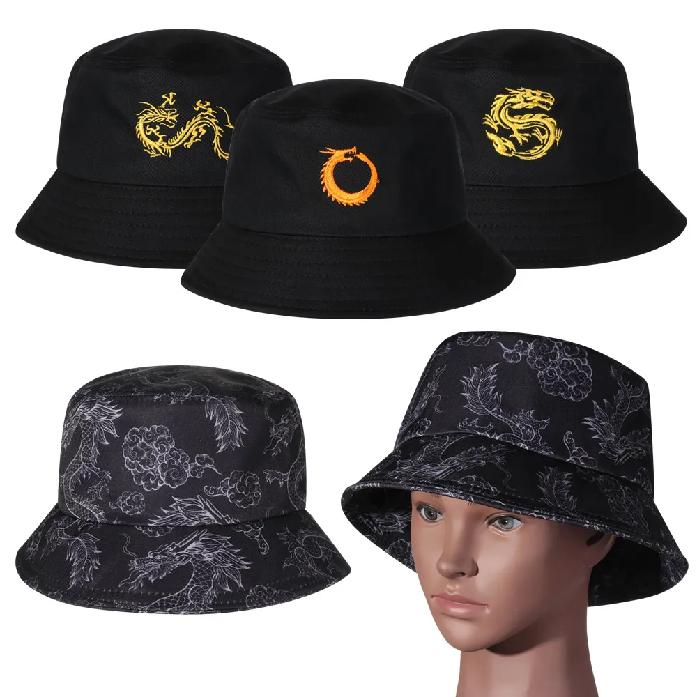 Панама с вышивкой китайского дракона для мужчин и женщин черные шапки рыбаков в