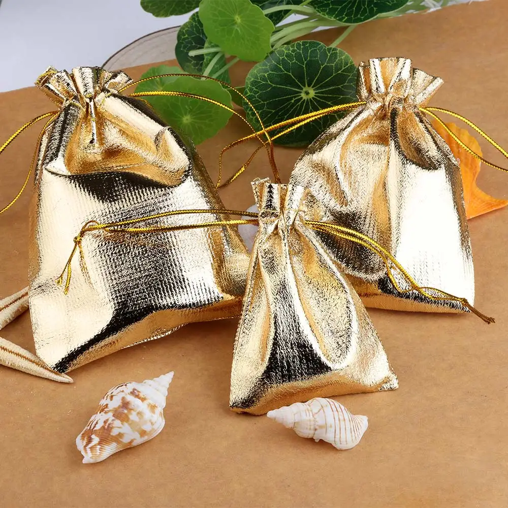 20pcs 7x9/9x12/10x15cm Fabric Packing Gift Bags Gold Color Jewelry Packaging Bag Wedding Party Present Drawstring Pouch