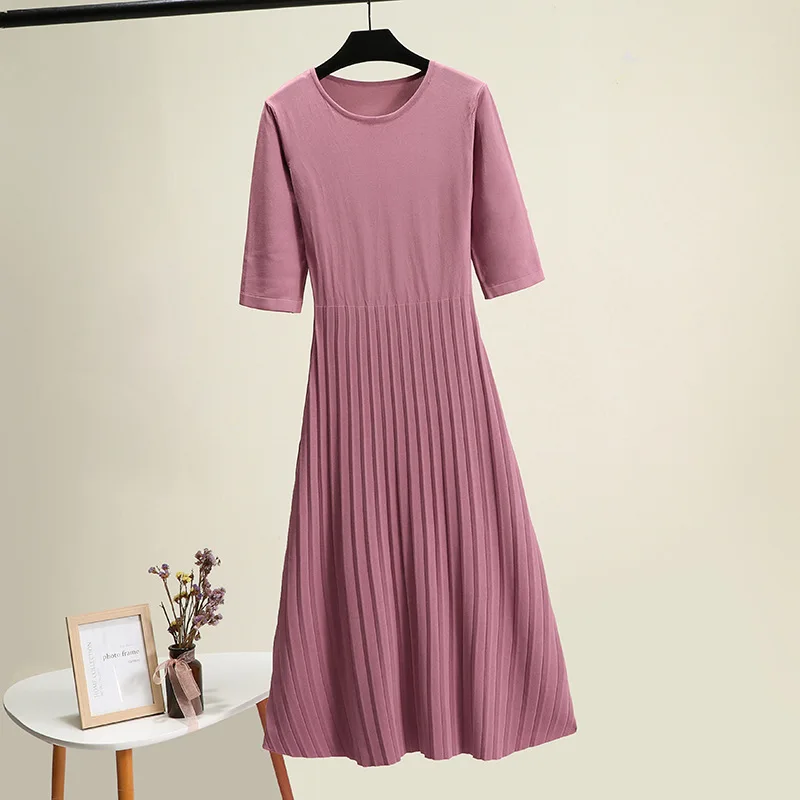 

High Quality Women Dresses Red Knitting Cotton length O neck Pullovers Jersey Three Quarter Women's Mid-Calf Lady Knit Dresses