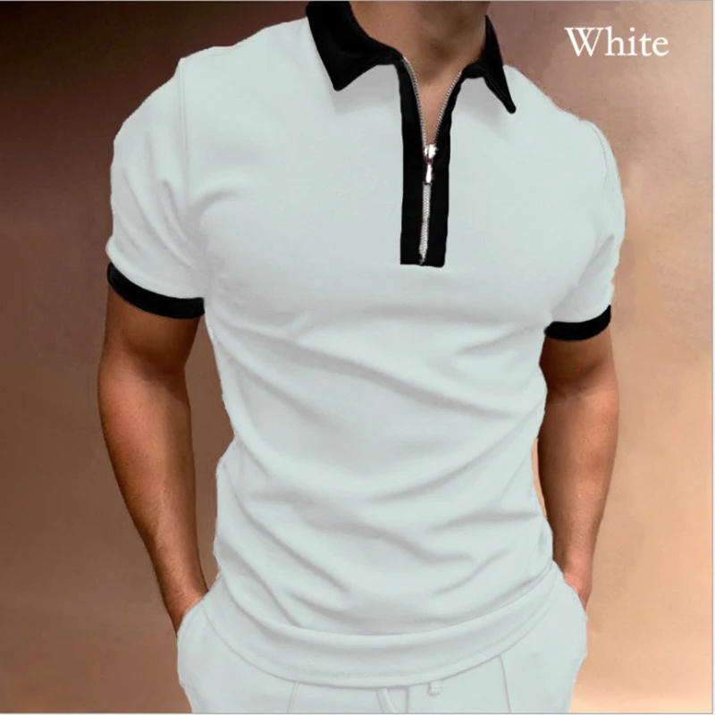 

Summer Casual Men Patchwork Tops Fashion Loose Short Sleeve Zipper Polo Shirt Mens Spring Turn-down Collar Solid Polo Shirts