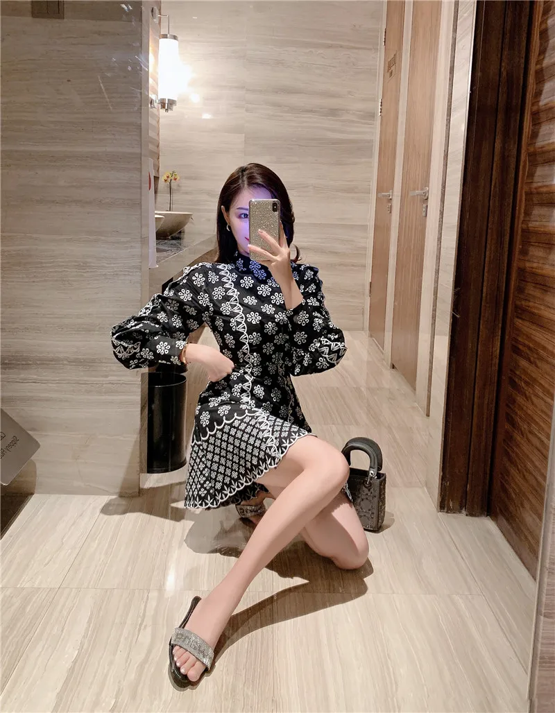 Vintage Print Snowflake Floral Women Lantern Long Sleeve Slim Mini Dress 2020 Autumn Ladies Runway Big Sizes Dresses Vestidos | Женская