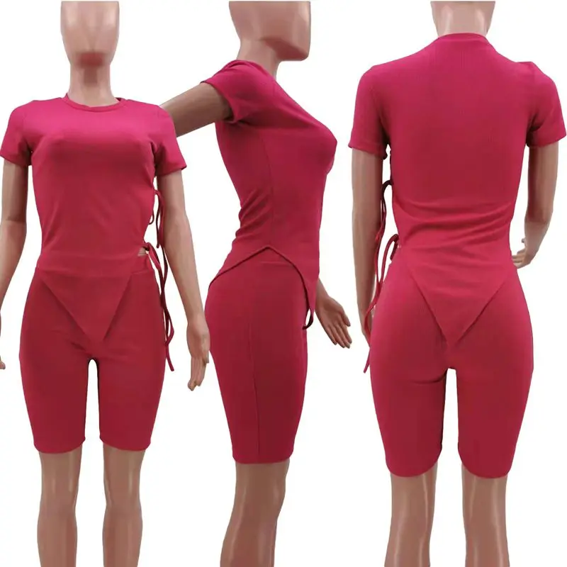 

ZKYZWX Trendy Rib Tracksuit Two Piece Outfits Bandage Crop and Biker Shorts Sweat Suits Matching Sets for Women Summer Clothes