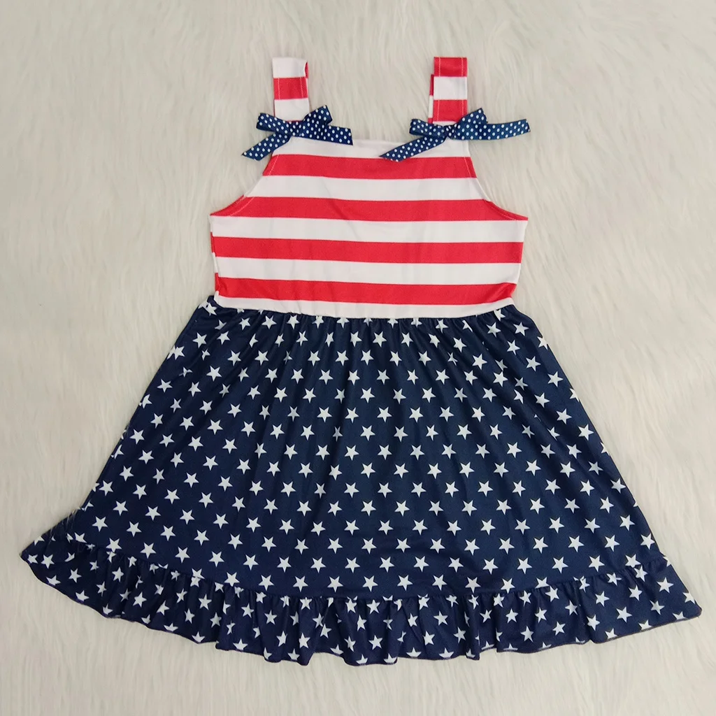 

4th of July hot sale baby summer dress with bowknot stripe top star dress fashion baby boutique clothing