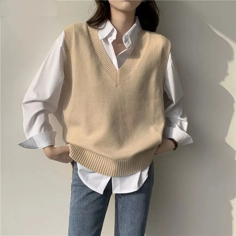 

Sweater Vest Women V-neck Solid Simple Slim All-match Casual Korean Style Teens Chic Fashion Autumn Winter Sleeveless Sweaters