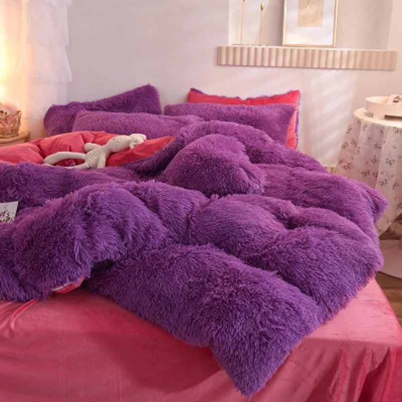 

Warm fluffy plush luxury wool bedding set mink velvet duvet cover sheet pillowcase four pieces winter dropshipping